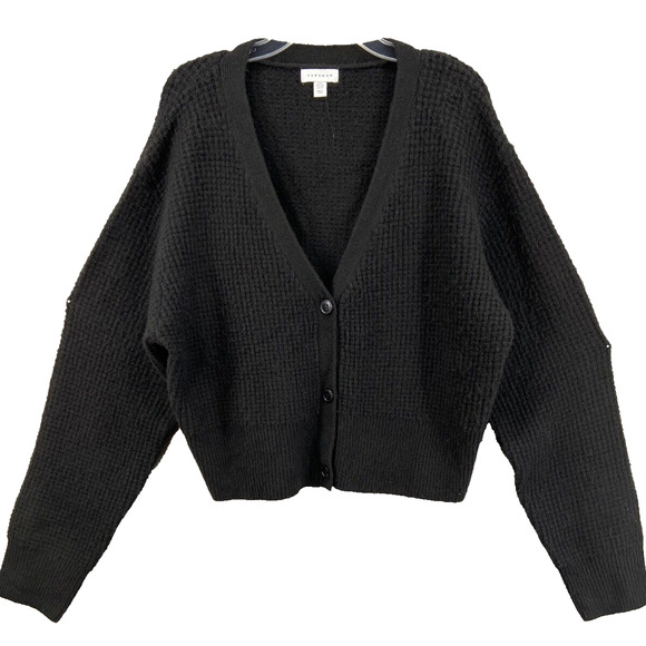 TOPSHOP Cardigan Womens Sz 14 Black Button Up Sweater Waffle Knit Soft V-Neck - Picture 1 of 8